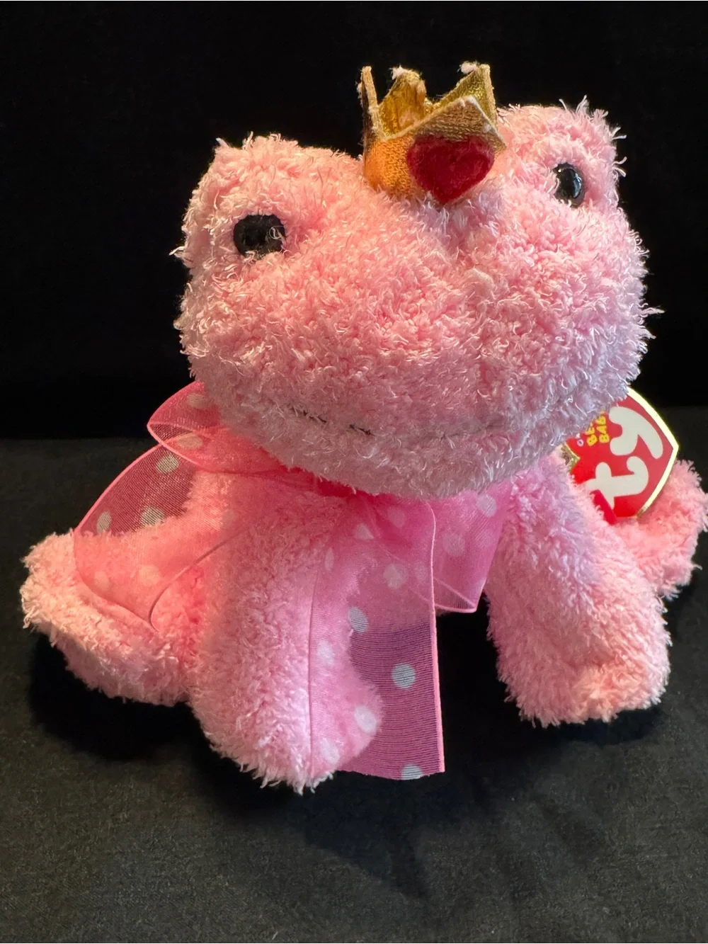 Ty Pink Princess Frog Plush with Crown and Polka-Dot Bow Named “Kissable”